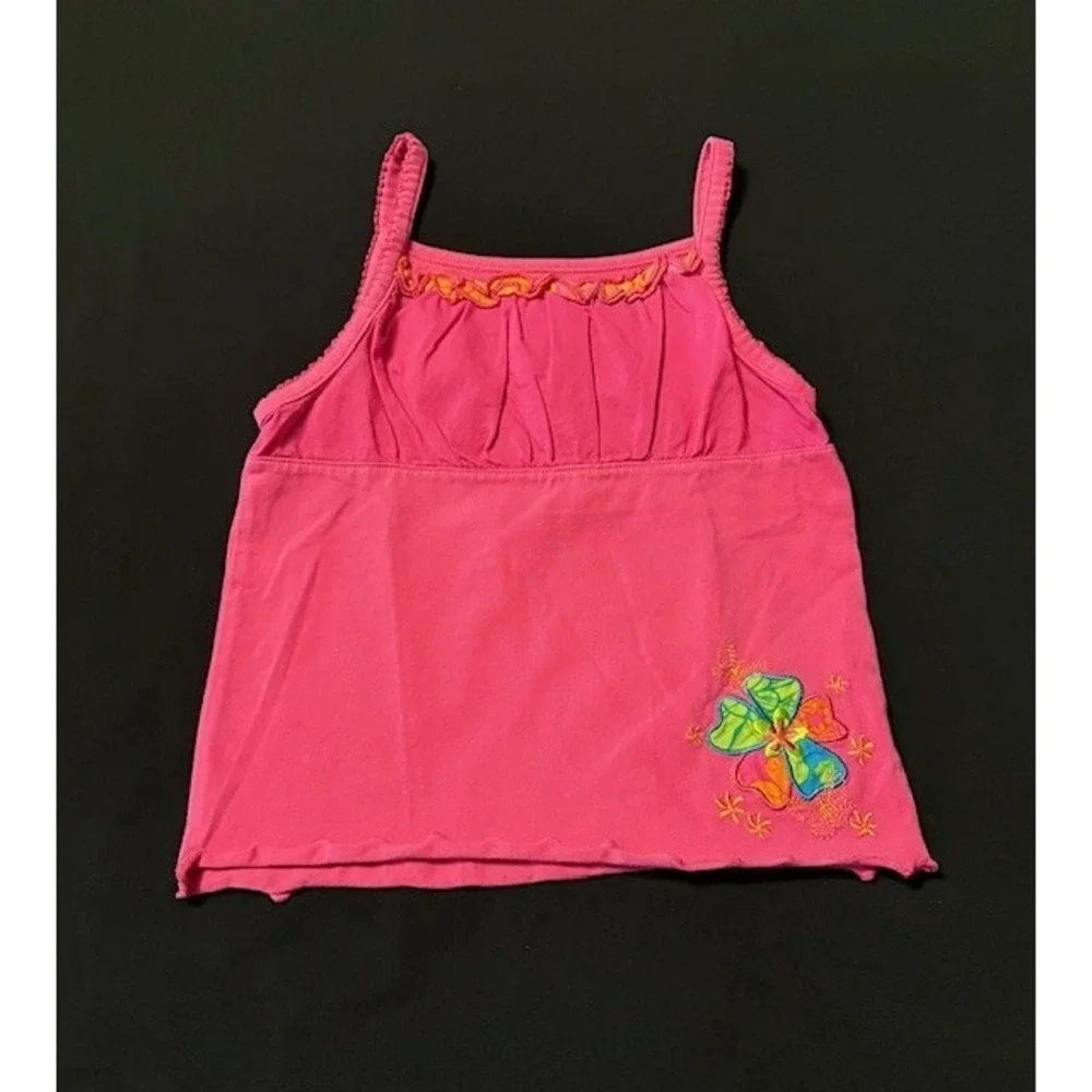 Childrens Place size 4T bright pink ruffled tank with flower applique